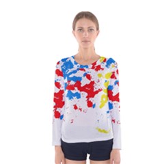 Paint Splatter Digitally Created Blue Red And Yellow Splattering Of Paint On A White Background Women s Long Sleeve Tee