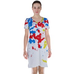 Paint Splatter Digitally Created Blue Red And Yellow Splattering Of Paint On A White Background Short Sleeve Nightdress