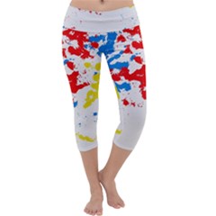 Paint Splatter Digitally Created Blue Red And Yellow Splattering Of Paint On A White Background Capri Yoga Leggings