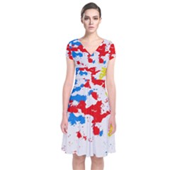 Paint Splatter Digitally Created Blue Red And Yellow Splattering Of Paint On A White Background Short Sleeve Front Wrap Dress