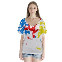 Paint Splatter Digitally Created Blue Red And Yellow Splattering Of Paint On A White Background Flutter Sleeve Top