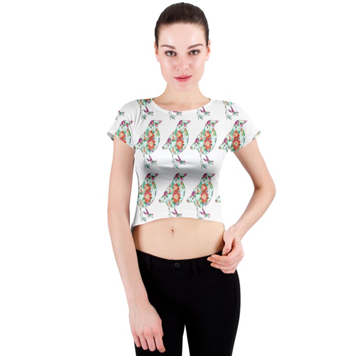 Floral Birds Wallpaper Pattern On White Background Crew Neck Crop Top