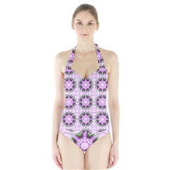 Pretty Pink Floral Purple Seamless Wallpaper Background Halter Swimsuit by Nexatart