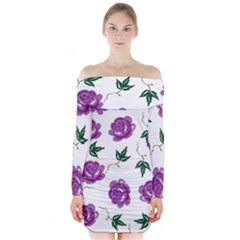 Purple Roses Pattern Wallpaper Background Seamless Design Illustration Long Sleeve Off Shoulder Dress by Nexatart