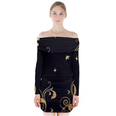 Golden Flowers And Leaves On A Black Background Long Sleeve Off Shoulder Dress