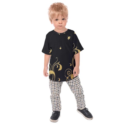 Golden Flowers And Leaves On A Black Background Kids  Raglan Tee by Nexatart