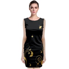 Golden Flowers And Leaves On A Black Background Sleeveless Velvet Midi Dress by Nexatart