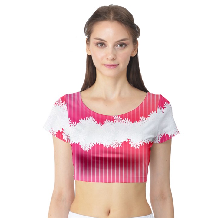 Digitally Designed Pink Stripe Background With Flowers And White Copyspace Short Sleeve Crop Top (Tight Fit)