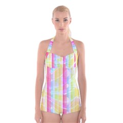 Abstract Stipes Colorful Background Circles And Waves Wallpaper Boyleg Halter Swimsuit 