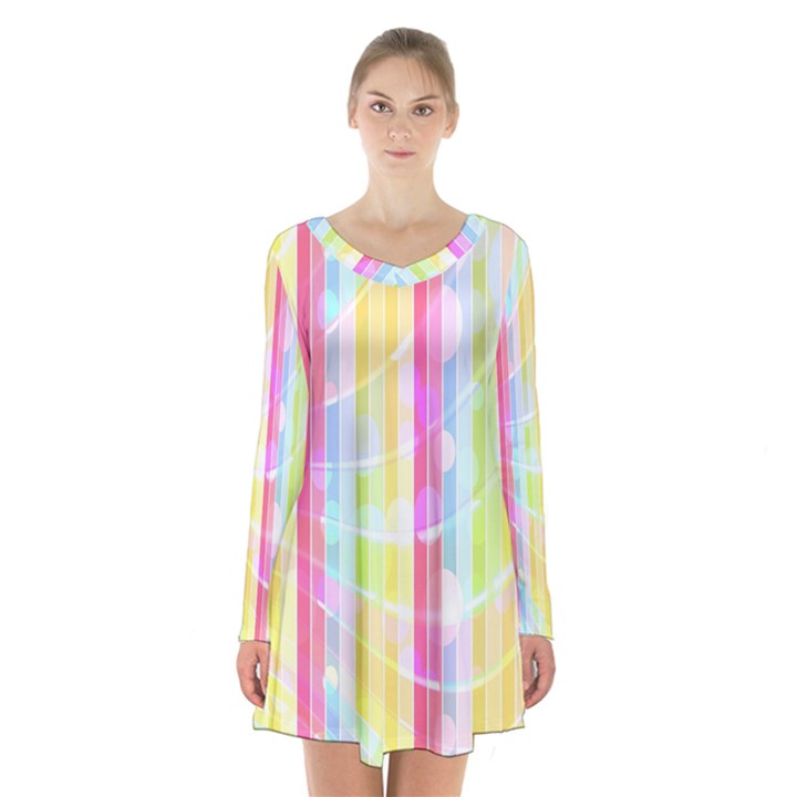 Abstract Stipes Colorful Background Circles And Waves Wallpaper Long Sleeve Velvet V-neck Dress