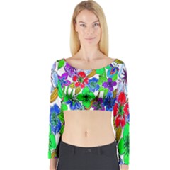 Background Of Hand Drawn Flowers With Green Hues Long Sleeve Crop Top by Nexatart