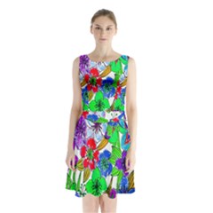 Background Of Hand Drawn Flowers With Green Hues Sleeveless Chiffon Waist Tie Dress