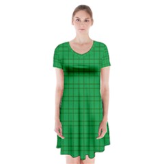 Pattern Green Background Lines Short Sleeve V-neck Flare Dress