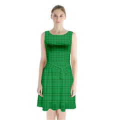 Pattern Green Background Lines Sleeveless Chiffon Waist Tie Dress