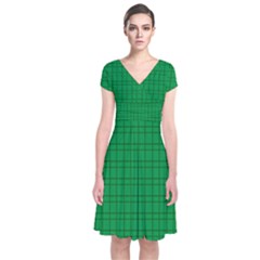 Pattern Green Background Lines Short Sleeve Front Wrap Dress