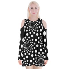 Dot Dots Round Black And White Velvet Long Sleeve Shoulder Cutout Dress by Nexatart