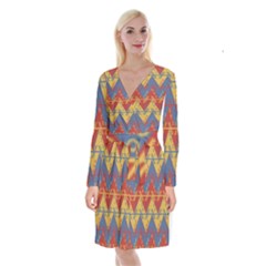 Aztec Traditional Ethnic Pattern Long Sleeve Velvet Front Wrap Dress