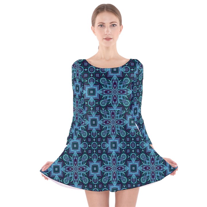 Abstract Pattern Design Texture Long Sleeve Velvet Skater Dress