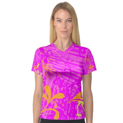 Spring Tropical Floral Palm Bird Women s V-neck Sport Mesh Tee by Nexatart