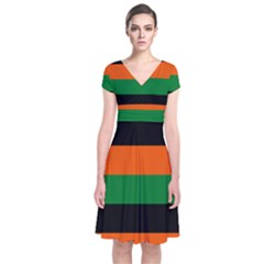 Color Green Orange Black Short Sleeve Front Wrap Dress