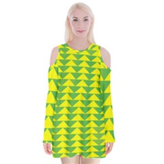 Arrow Triangle Green Yellow Velvet Long Sleeve Shoulder Cutout Dress