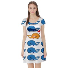 Fish Animals Whale Blue Orange Love Short Sleeve Skater Dress