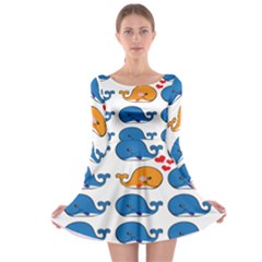 Fish Animals Whale Blue Orange Love Long Sleeve Skater Dress