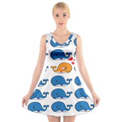 Fish Animals Whale Blue Orange Love V-Neck Sleeveless Skater Dress