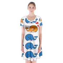 Fish Animals Whale Blue Orange Love Short Sleeve V-neck Flare Dress