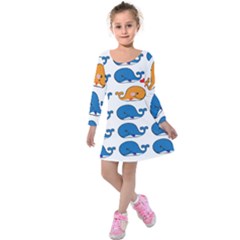 Fish Animals Whale Blue Orange Love Kids  Long Sleeve Velvet Dress by Mariart