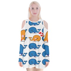 Fish Animals Whale Blue Orange Love Velvet Long Sleeve Shoulder Cutout Dress