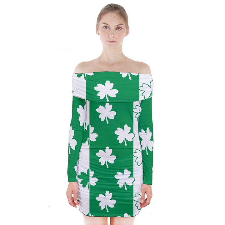 Flower Green Shamrock White Long Sleeve Off Shoulder Dress