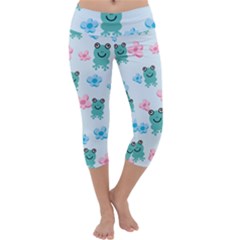 Frog Green Pink Flower Capri Yoga Leggings by Mariart