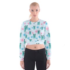 Frog Green Pink Flower Cropped Sweatshirt by Mariart