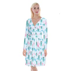 Frog Green Pink Flower Long Sleeve Velvet Front Wrap Dress