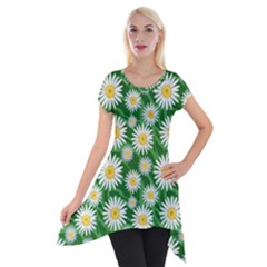 Flower Sunflower Yellow Green Leaf White Short Sleeve Side Drop Tunic by Mariart