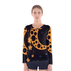 Moon Star Space Orange Black Light Night Circle Polka Women s Long Sleeve Tee