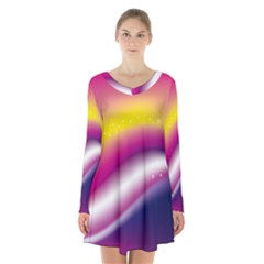 Rainbow Space Red Pink Purple Blue Yellow White Star Long Sleeve Velvet V-neck Dress