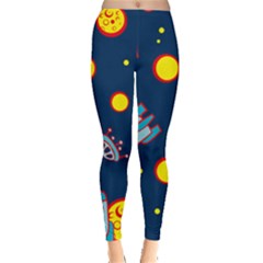 Rocket Ufo Moon Star Space Planet Blue Circle Leggings  by Mariart