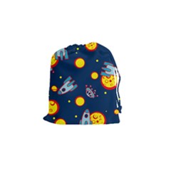 Rocket Ufo Moon Star Space Planet Blue Circle Drawstring Pouches (small) 