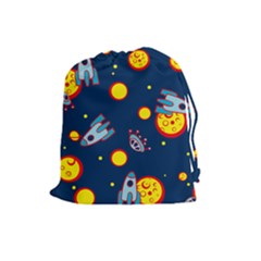 Rocket Ufo Moon Star Space Planet Blue Circle Drawstring Pouches (large)  by Mariart