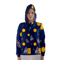 Rocket Ufo Moon Star Space Planet Blue Circle Hooded Wind Breaker (women) by Mariart