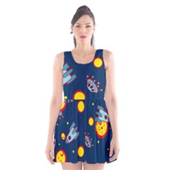 Rocket Ufo Moon Star Space Planet Blue Circle Scoop Neck Skater Dress by Mariart