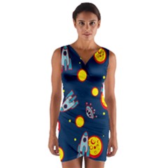 Rocket Ufo Moon Star Space Planet Blue Circle Wrap Front Bodycon Dress by Mariart