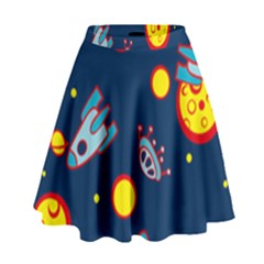 Rocket Ufo Moon Star Space Planet Blue Circle High Waist Skirt by Mariart