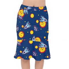 Rocket Ufo Moon Star Space Planet Blue Circle Mermaid Skirt