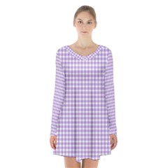 Plaid Purple White Line Long Sleeve Velvet V-neck Dress