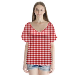 Plaid Red White Line Flutter Sleeve Top
