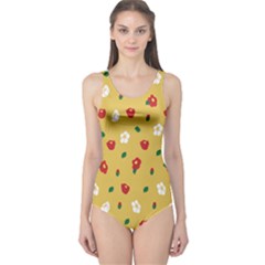 Tulip Sunflower Sakura Flower Floral Red White Leaf Green One Piece Swimsuit by Mariart