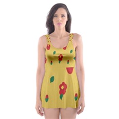 Tulip Sunflower Sakura Flower Floral Red White Leaf Green Skater Dress Swimsuit by Mariart